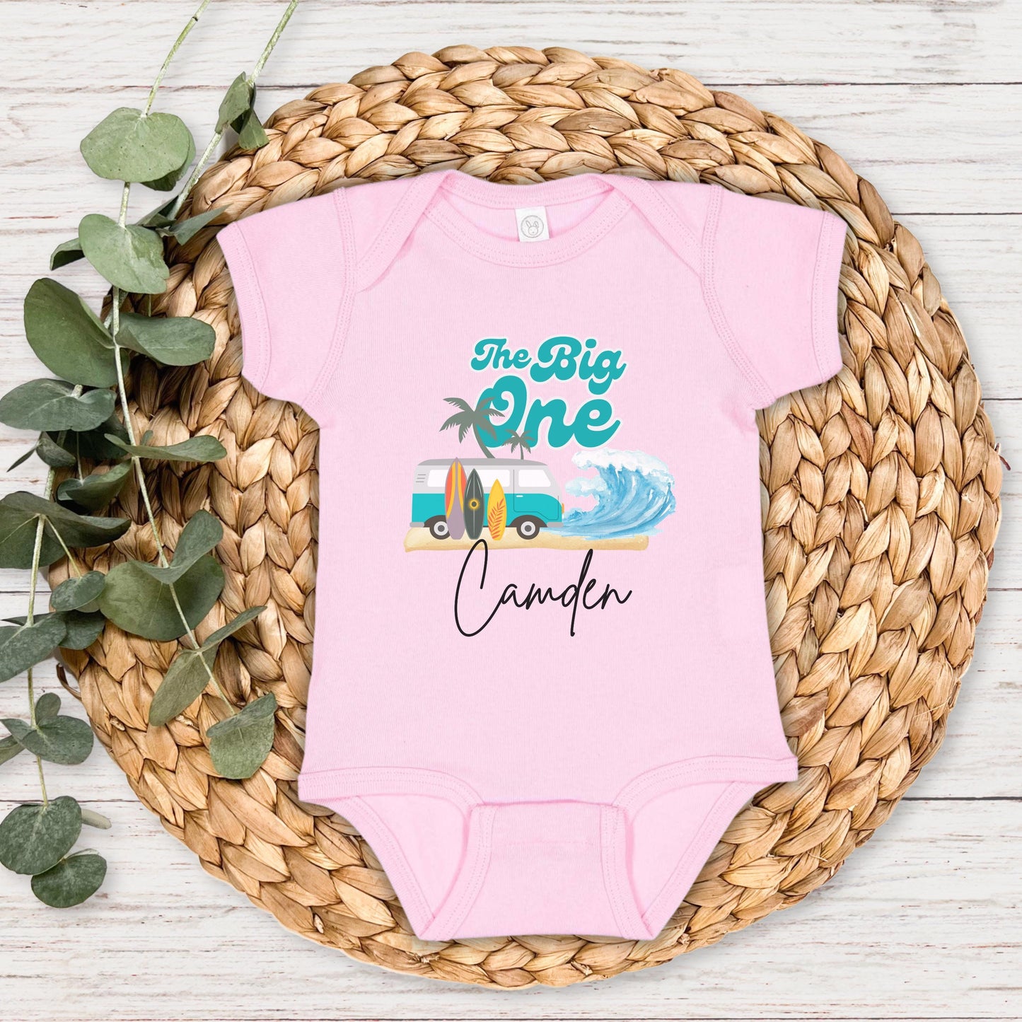 Personalized The Big One First Birthday Shirt | Surf 1st Birthday Outfit | Retro Boy Van Surfboard Beach Party | Ocean Wave Surfer Tee