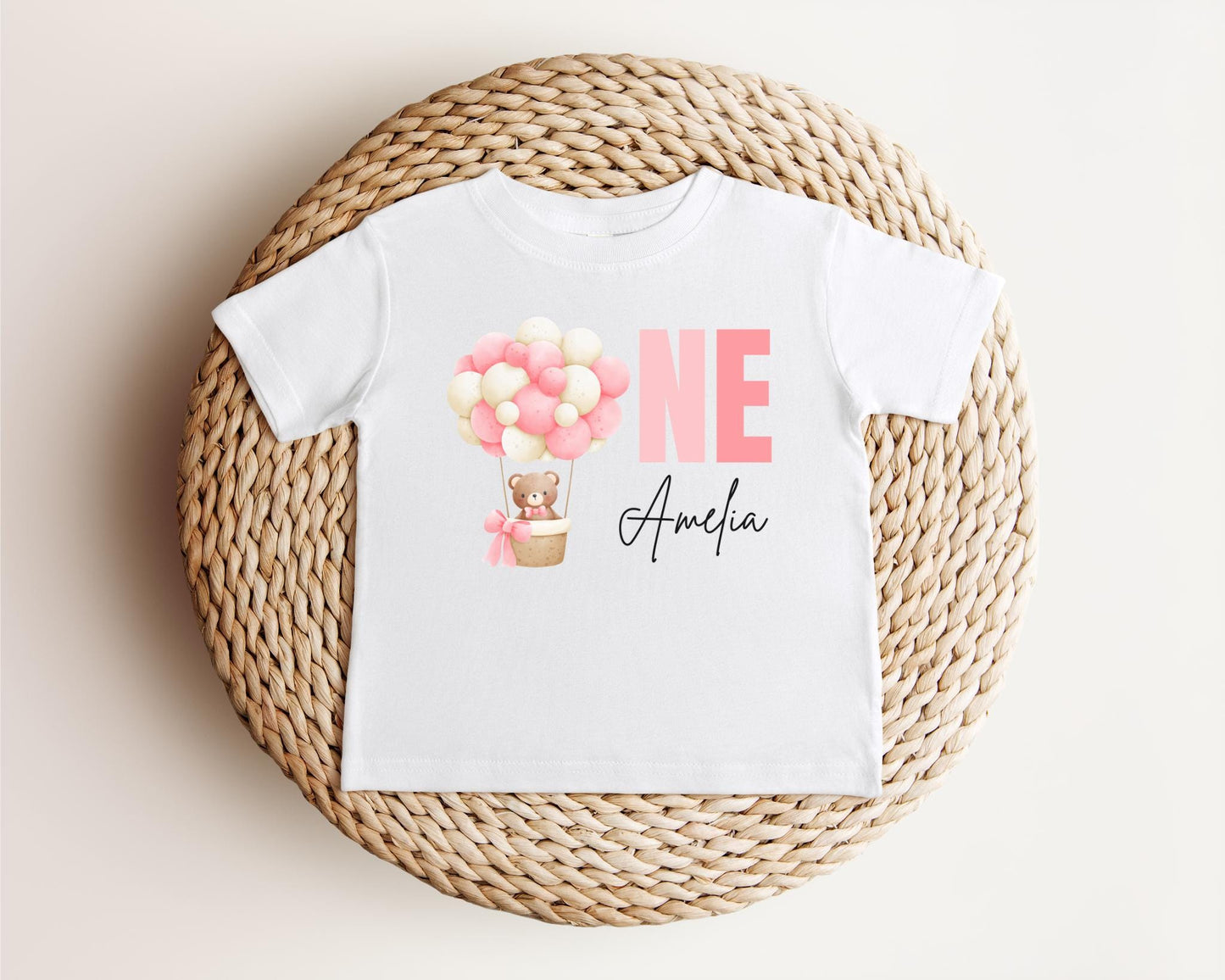 Personalized Pink Hot Air Balloon 1st Birthday Shirt | Custom First Birthday Outfit | Up Up and Away | Birthday Girl Baby Toddler Tee
