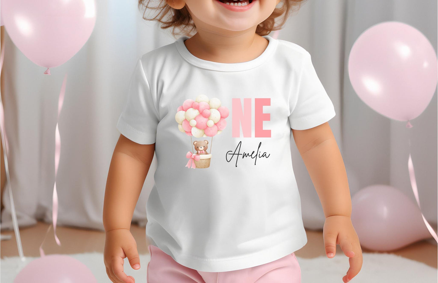 Personalized Pink Hot Air Balloon 1st Birthday Shirt | Custom First Birthday Outfit | Up Up and Away | Birthday Girl Baby Toddler Tee