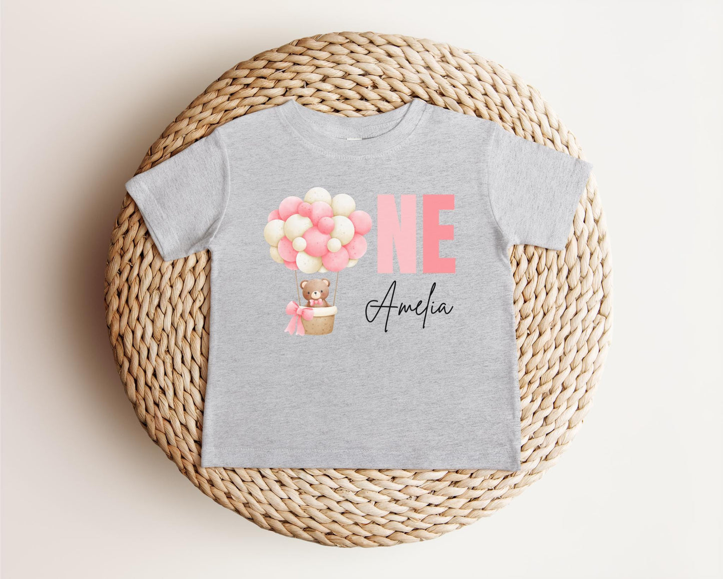 Personalized Pink Hot Air Balloon 1st Birthday Shirt | Custom First Birthday Outfit | Up Up and Away | Birthday Girl Baby Toddler Tee