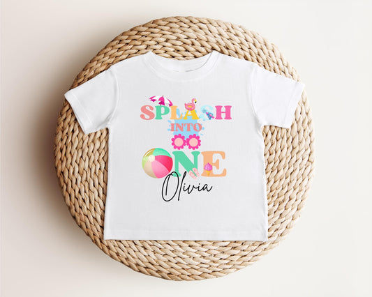 Personalized Splash Into One First Birthday Shirt: Summer Pool Themed 1st Birthday Party Outfit for Girls