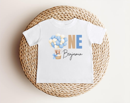 Personalized Blue Hot Air Balloon 1st Birthday Shirt | Custom First Birthday Outfit | Up Up and Away | Birthday Girl Baby Toddler Tee