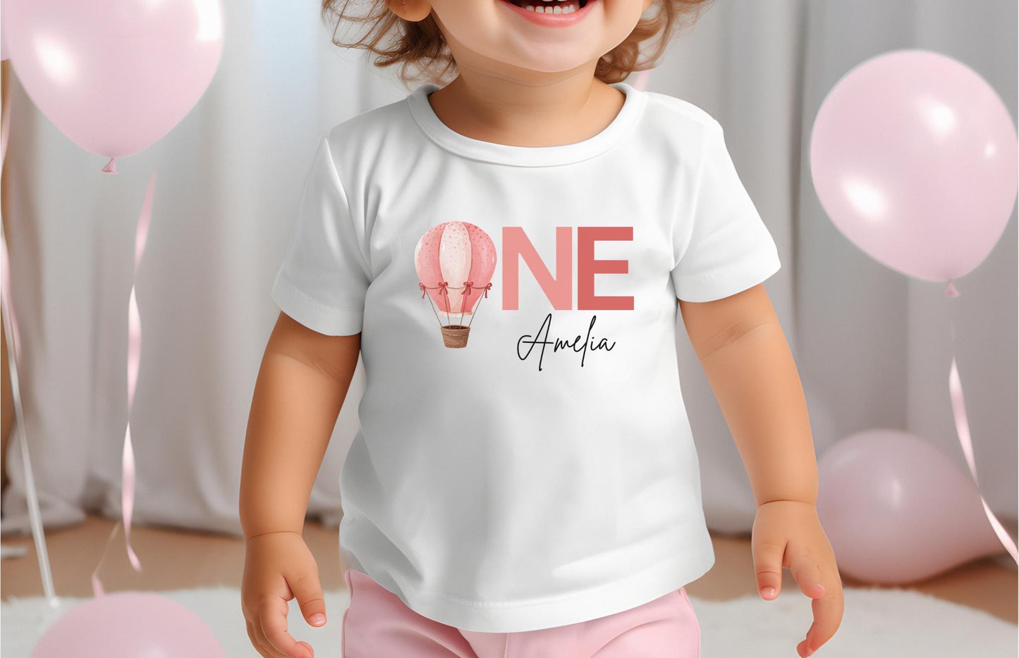 Personalized Pink Hot Air Balloon First Birthday Shirt: 1st Birthday Cake Smash Outfit