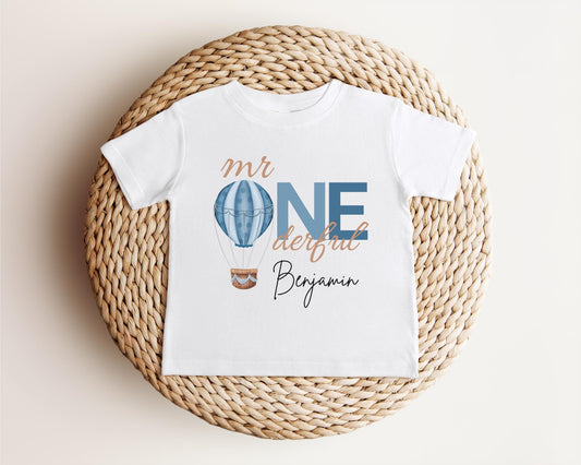 Personalized Blue Hot Air Balloon Mr Onederful Shirt | First Birthday Outfit | Mr One-derful 1st Birthday Boy Party Cake Smash Outfit