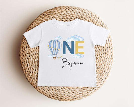 Personalized Blue Hot Air Balloon Themed First Birthday Shirt | First Birthday Outfit | 1st Birthday Party Outfit | Birthday Boy Tee