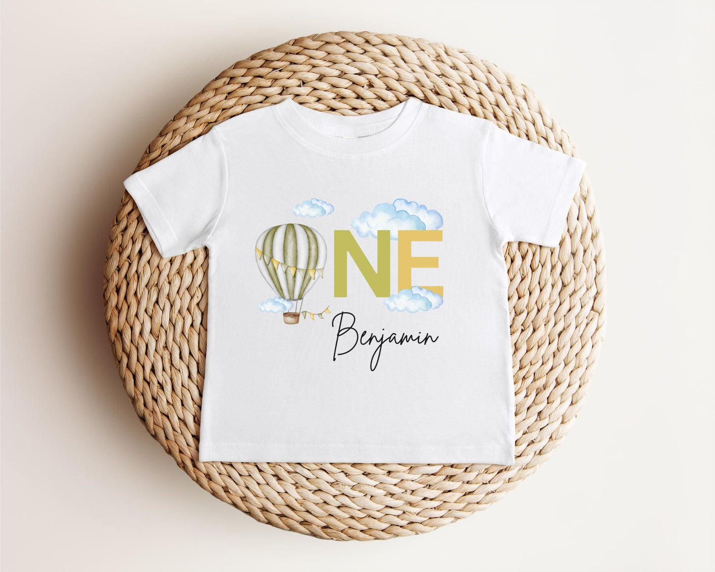 Personalized Sage Green Hot Air Balloon Themed First Birthday Shirt | First Birthday Outfit | 1st Birthday Outfit | Birthday Boy Tee