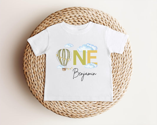 Personalized Sage Green Hot Air Balloon Themed First Birthday Shirt | First Birthday Outfit | 1st Birthday Outfit | Birthday Boy Tee