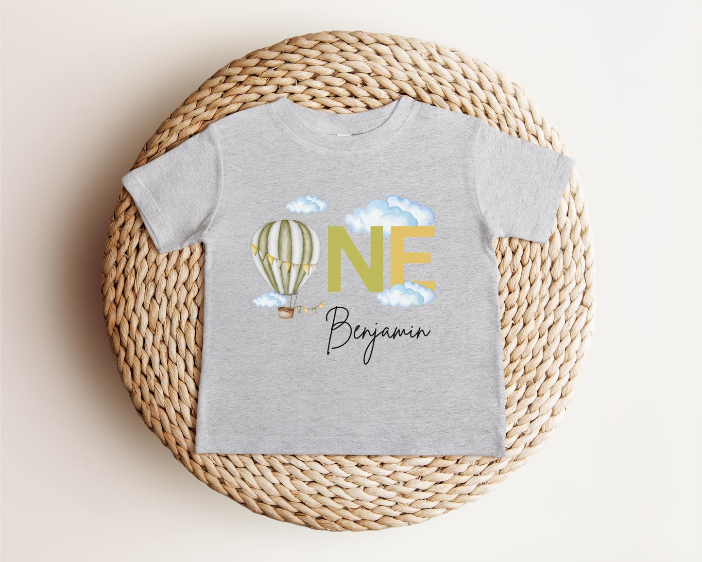 Personalized Sage Green Hot Air Balloon Themed First Birthday Shirt | First Birthday Outfit | 1st Birthday Outfit | Birthday Boy Tee