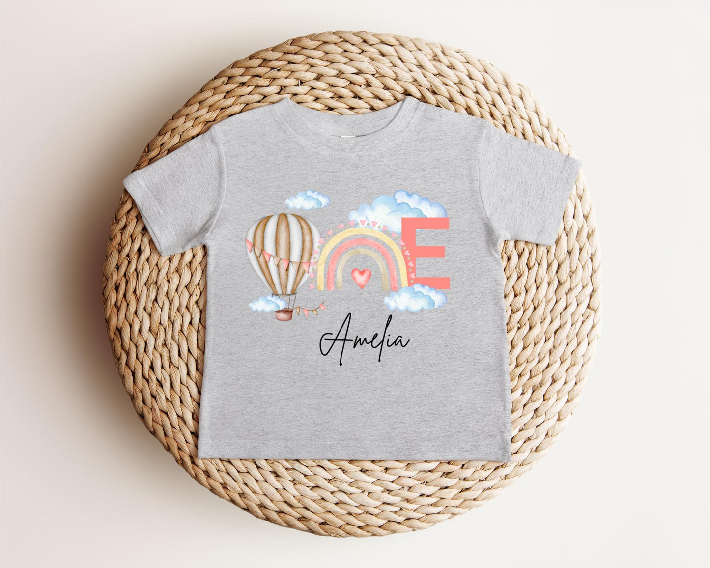 Personalized Pink Hot Air Balloon First Birthday Shirt: 1st Birthday Girl Rainbow Outfit