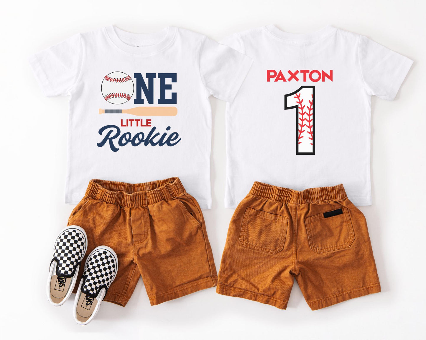 Personalized One Little Rookie First Birthday Front Back Print Shirt | 1st Birthday Baseball Themed Party Outfit | Rookie Of The Year