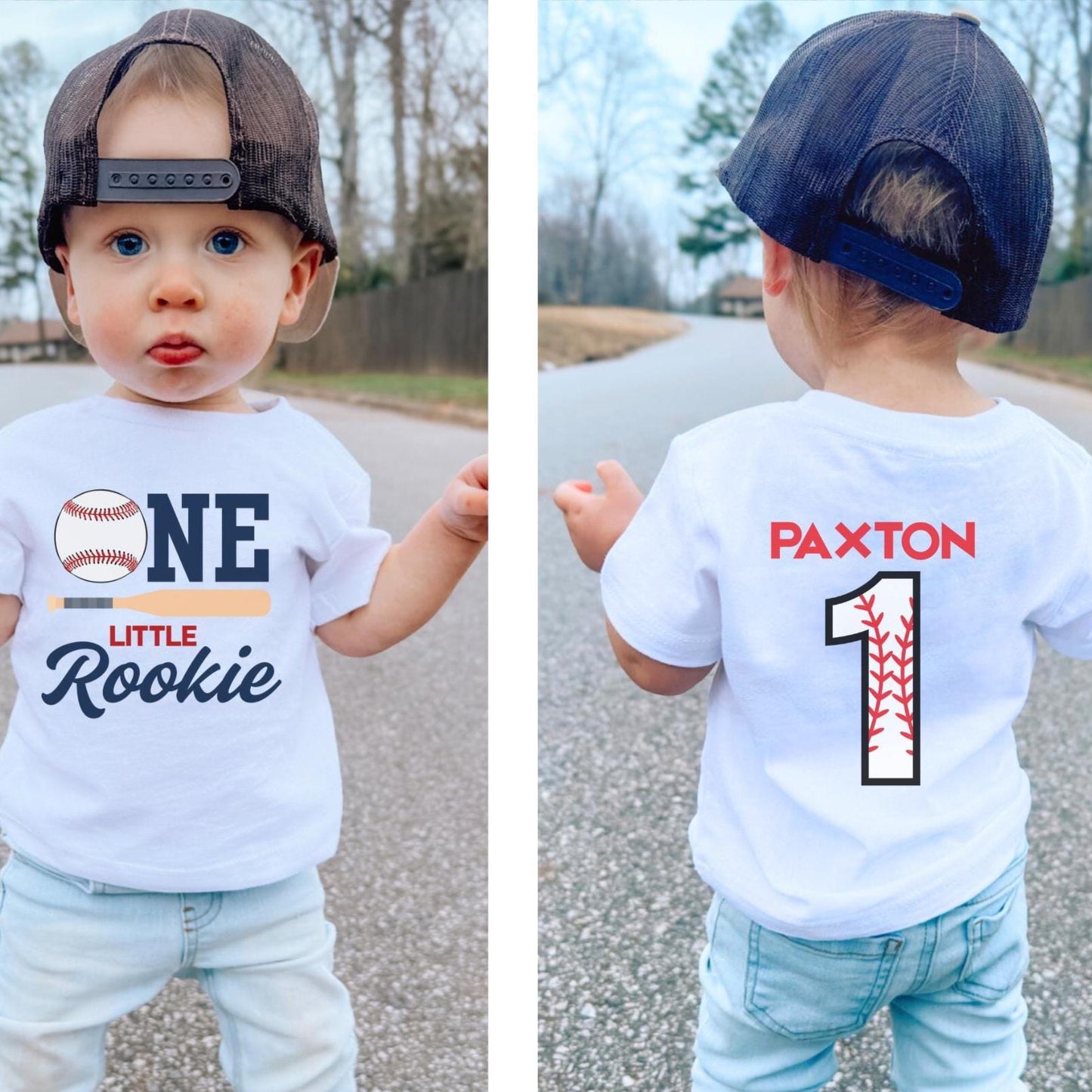 Personalized One Little Rookie First Birthday Front Back Print Shirt | 1st Birthday Baseball Themed Party Outfit | Rookie Of The Year