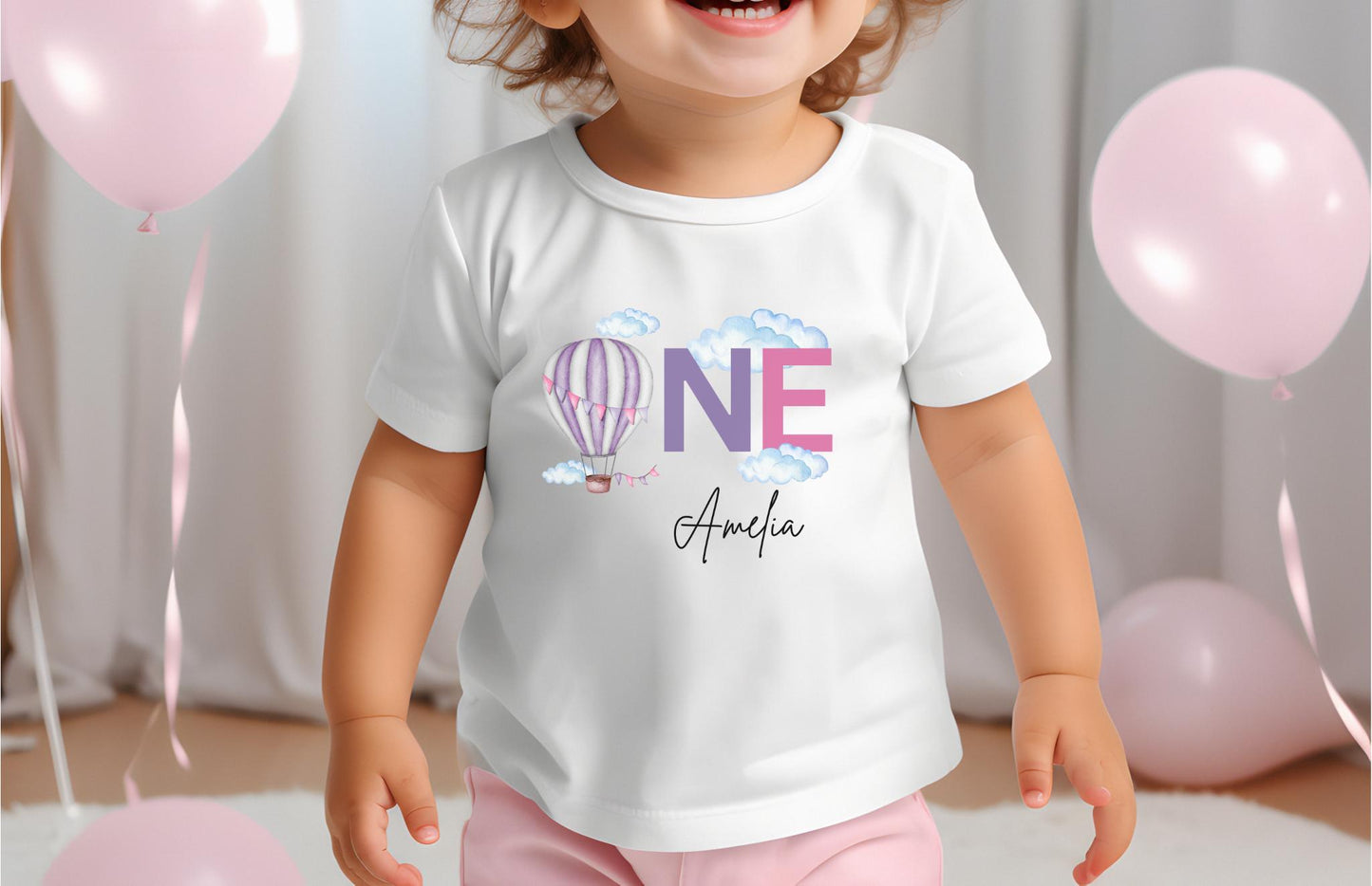Personalized Pink and Purple Hot Air Balloon Themed Birthday Shirt | First Birthday Girl Outfit | 1st Birthday Party Tee | Cake Smash