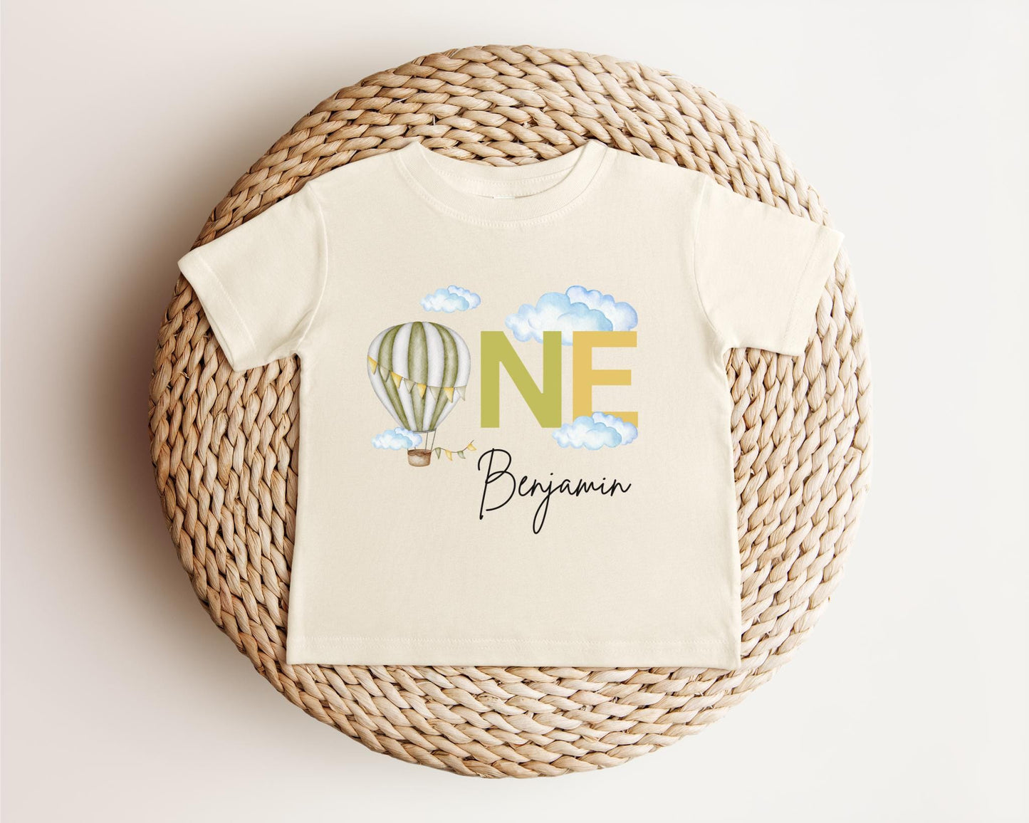 Personalized Sage Green Hot Air Balloon Themed First Birthday Shirt | First Birthday Outfit | 1st Birthday Outfit | Birthday Boy Tee