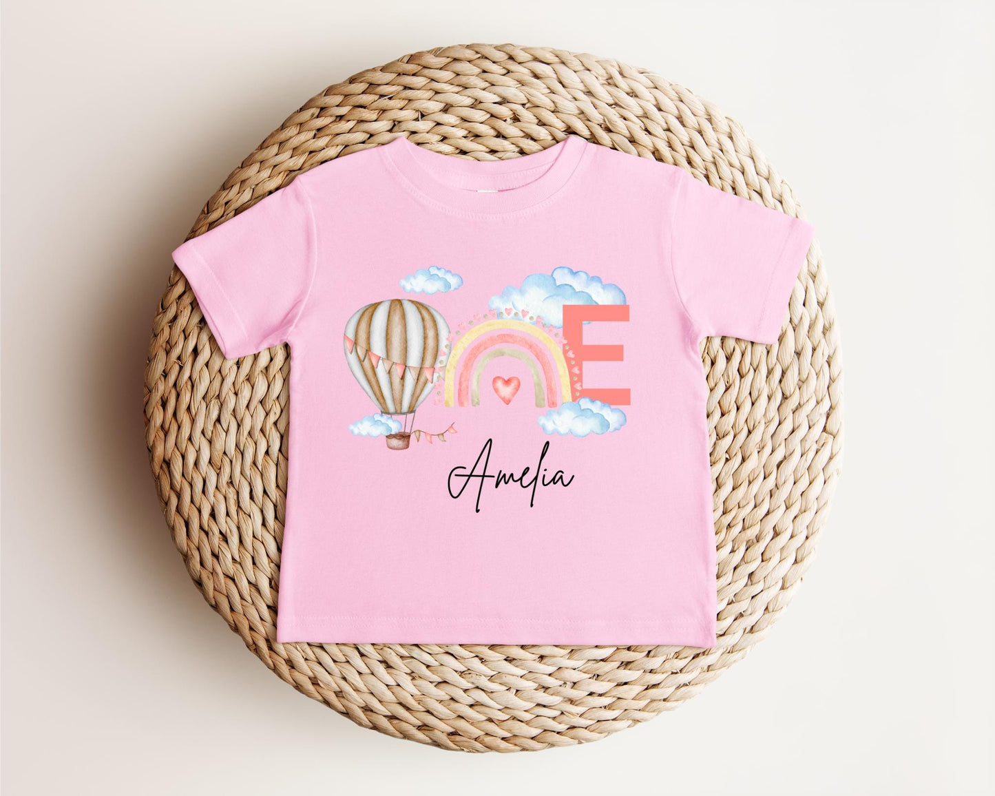 Personalized Pink Hot Air Balloon First Birthday Shirt: 1st Birthday Girl Rainbow Outfit