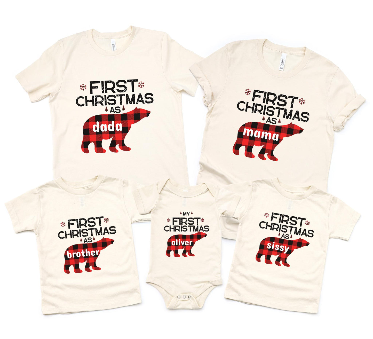 Buffalo Plaid Bear First Christmas Shirts: Personalized 1st Christmas Family Matching Tee