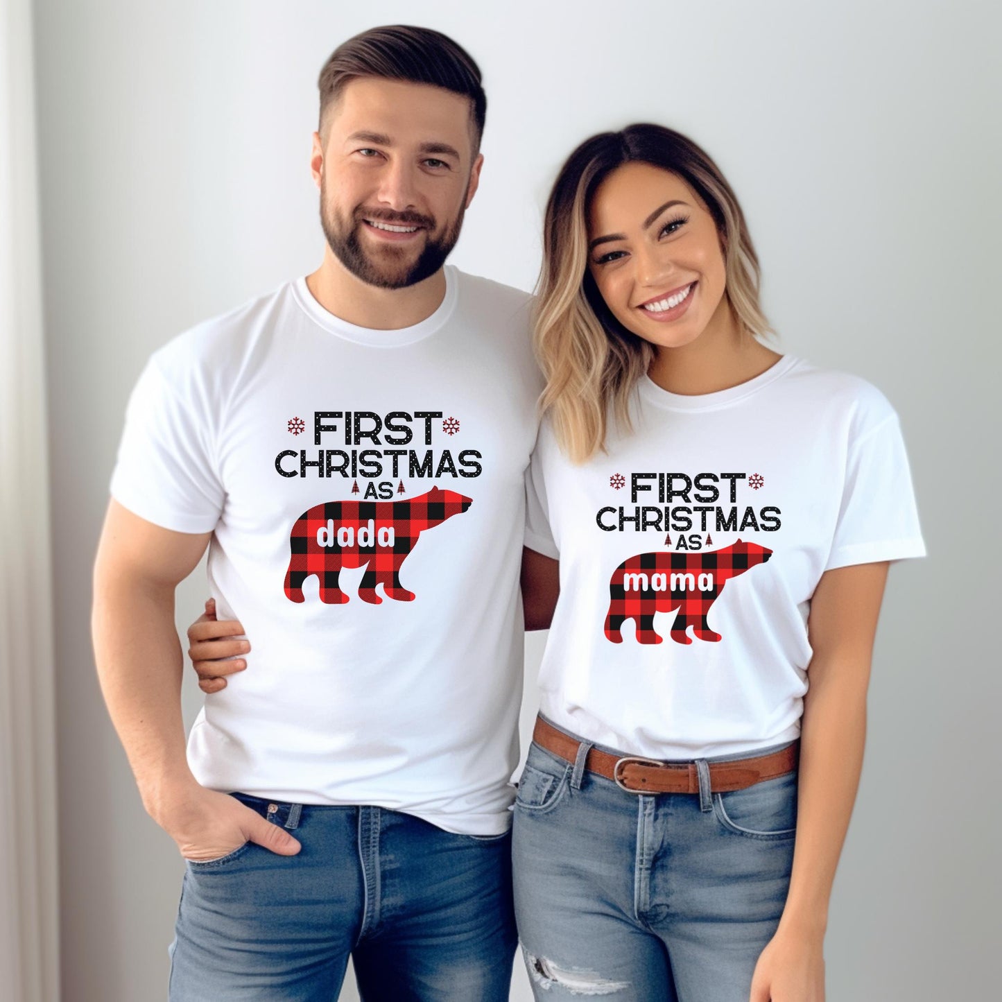 Buffalo Plaid Bear First Christmas Shirts: Personalized 1st Christmas Family Matching Tee