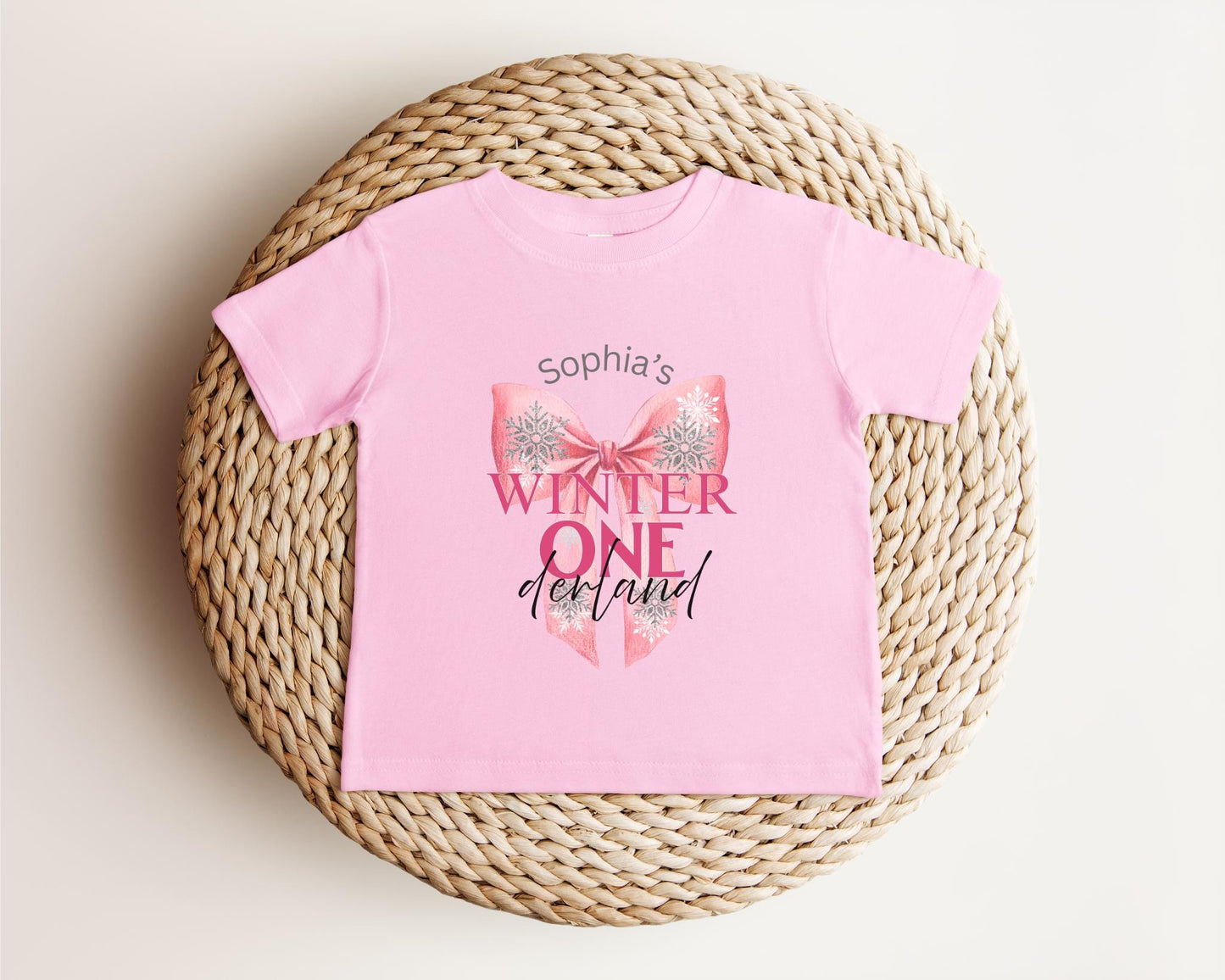 Personalized Pink Bow Winter Wonderland First Birthday Shirt: 1st Christmas Birthday Party Outfit for Girls