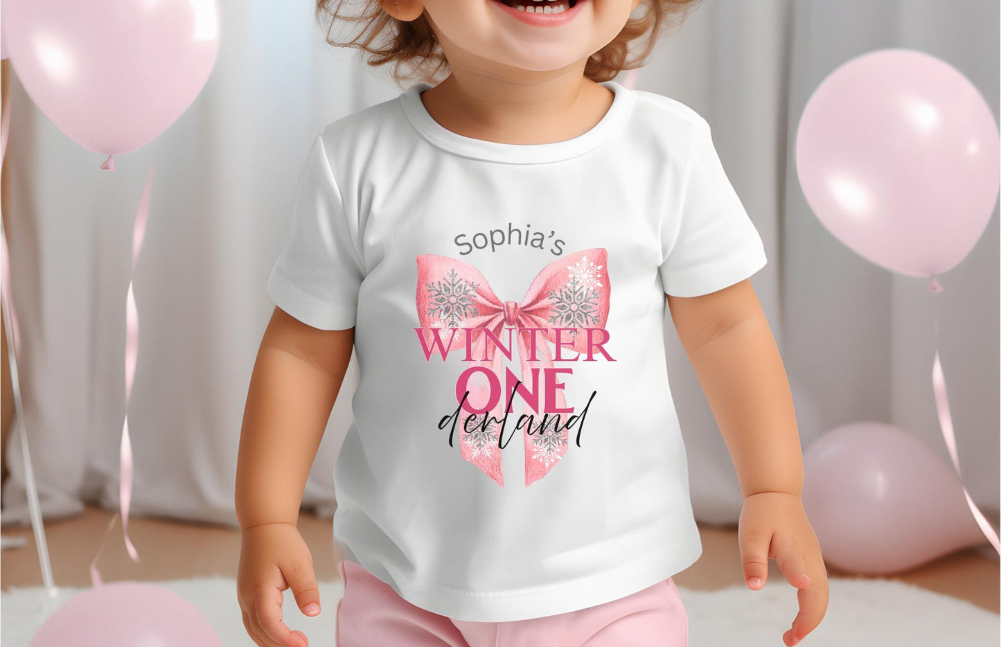 Personalized Pink Bow Winter Wonderland First Birthday Shirt: 1st Christmas Birthday Party Outfit for Girls