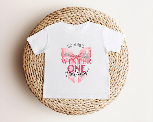 Personalized Pink Bow Winter Wonderland First Birthday Shirt: 1st Christmas Birthday Party Outfit for Girls