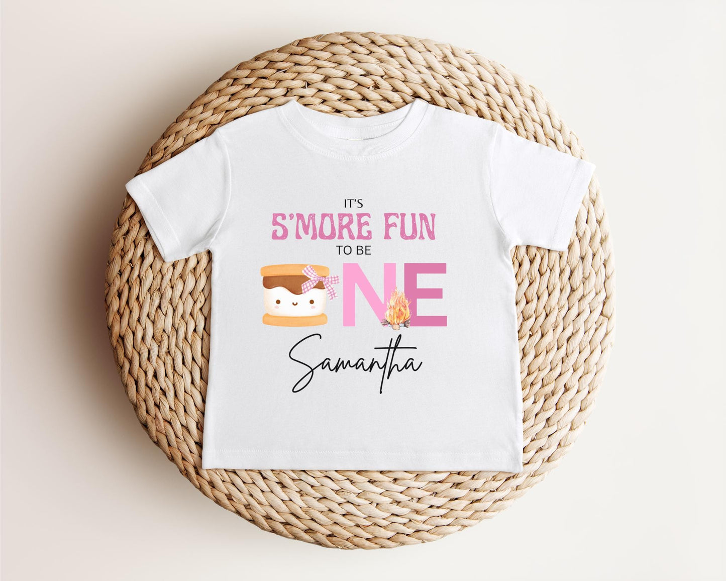 Personalized Pink S'more Fun To Be One First Birthday Shirt | S'more Camping 1st Birthday | Girl 1st Smore Birthday Outfit | Campfire Tee