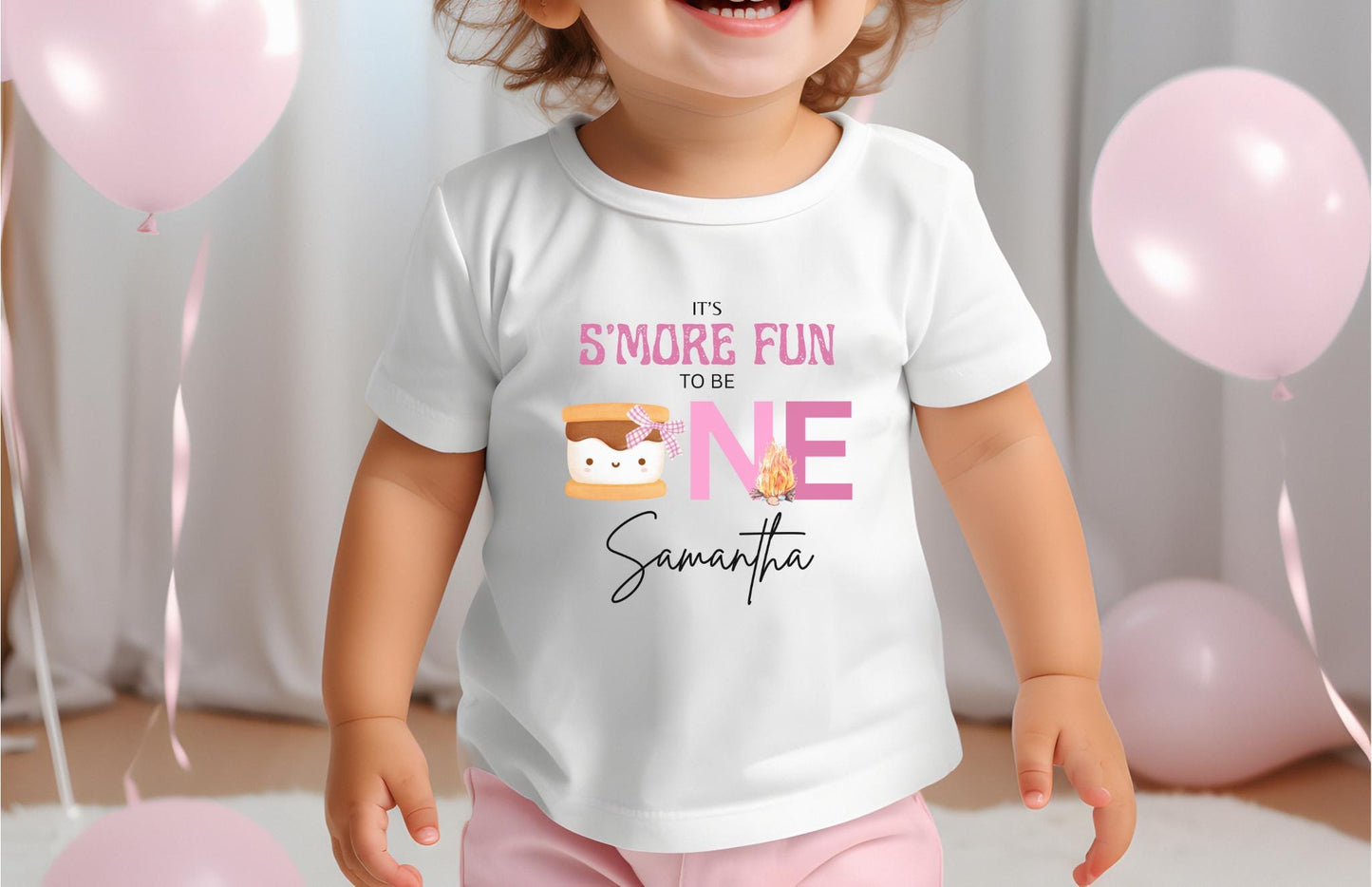 Personalized Pink S'more Fun To Be One First Birthday Shirt | S'more Camping 1st Birthday | Girl 1st Smore Birthday Outfit | Campfire Tee