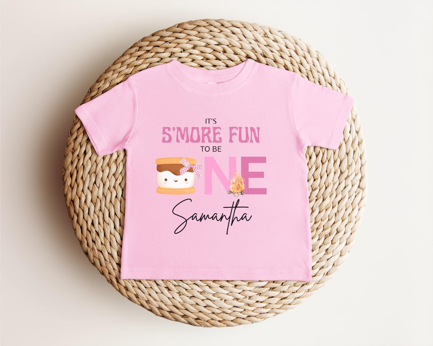 Personalized Pink S'more Fun To Be One First Birthday Shirt | S'more Camping 1st Birthday | Girl 1st Smore Birthday Outfit | Campfire Tee
