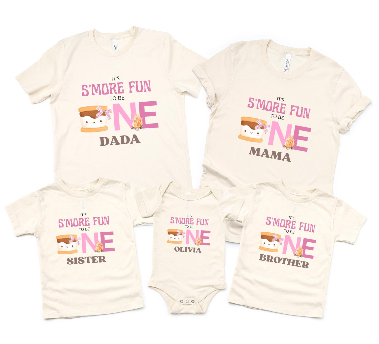 Personalized Pink S'more Fun To Be One Shirt | S'more Camping Girl's 1st Birthday Outift | Custom Smores Matching Family Birthday Tee