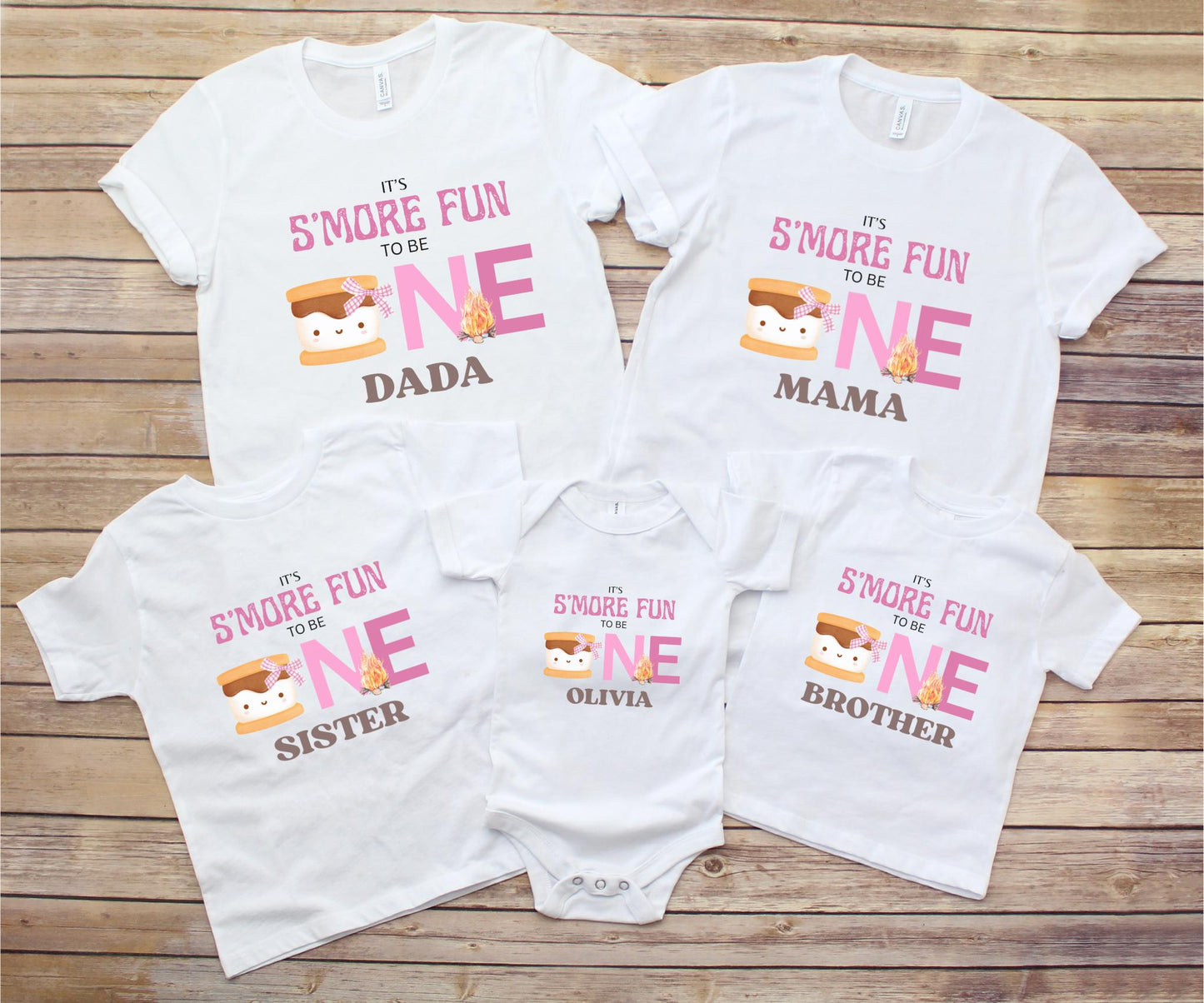 Personalized Pink S'more Fun To Be One Shirt | S'more Camping Girl's 1st Birthday Outift | Custom Smores Matching Family Birthday Tee