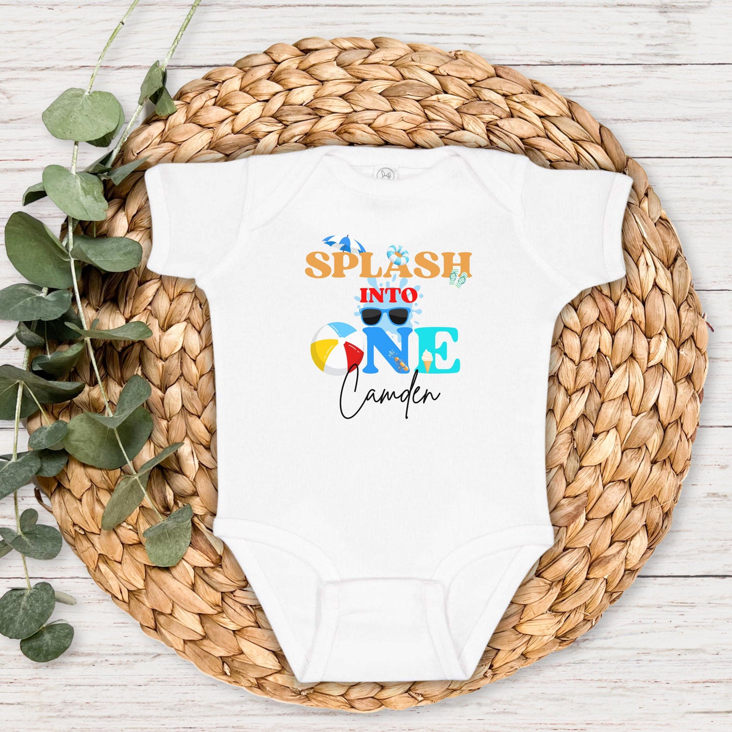 Personalized Splash Into One First Birthday Shirt: Summer Pool Themed 1st Birthday Party Outfit for Boys