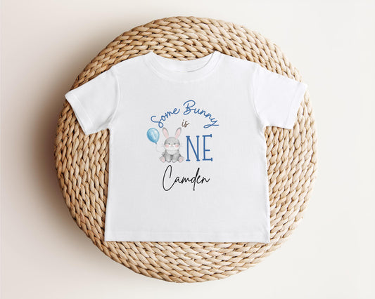 Personalized Some Bunny is One First Birthday Shirt | Custom Boy 1st Birthday Tee | Blue Rabbit Themed One Birthday Outfit