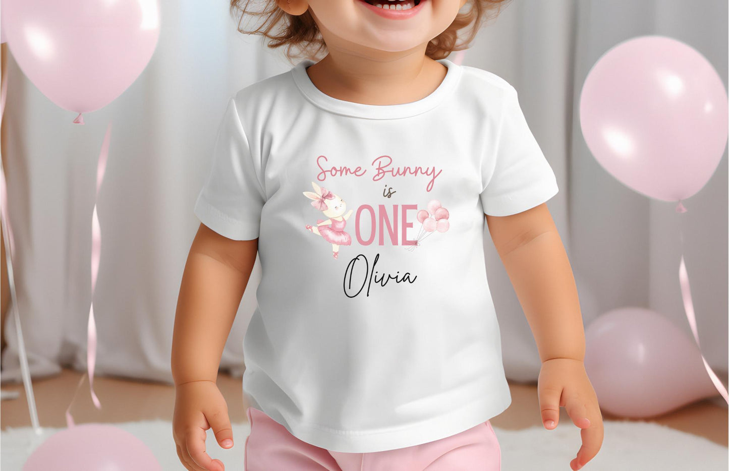 Personalized Some Bunny is One First Birthday Shirt | Custom Girl 1st Birthday Tee | Pink Ballet Rabbit Themed One Birthday Outfit