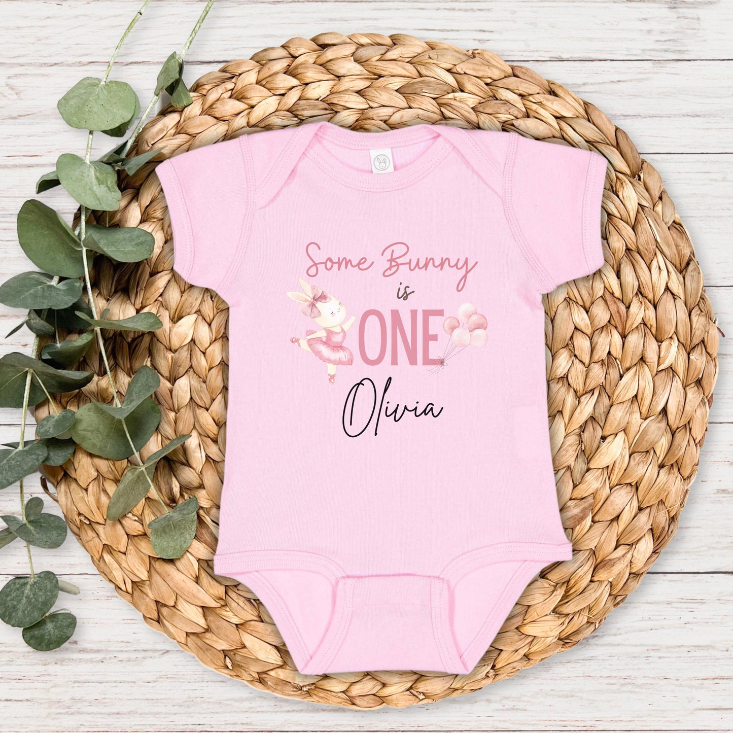 Personalized Some Bunny is One First Birthday Shirt | Custom Girl 1st Birthday Tee | Pink Ballet Rabbit Themed One Birthday Outfit