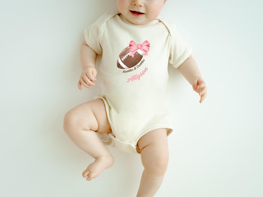 Personalized Baby Coquette Football Bodysuit: Pink Bow, Game Day Outfit