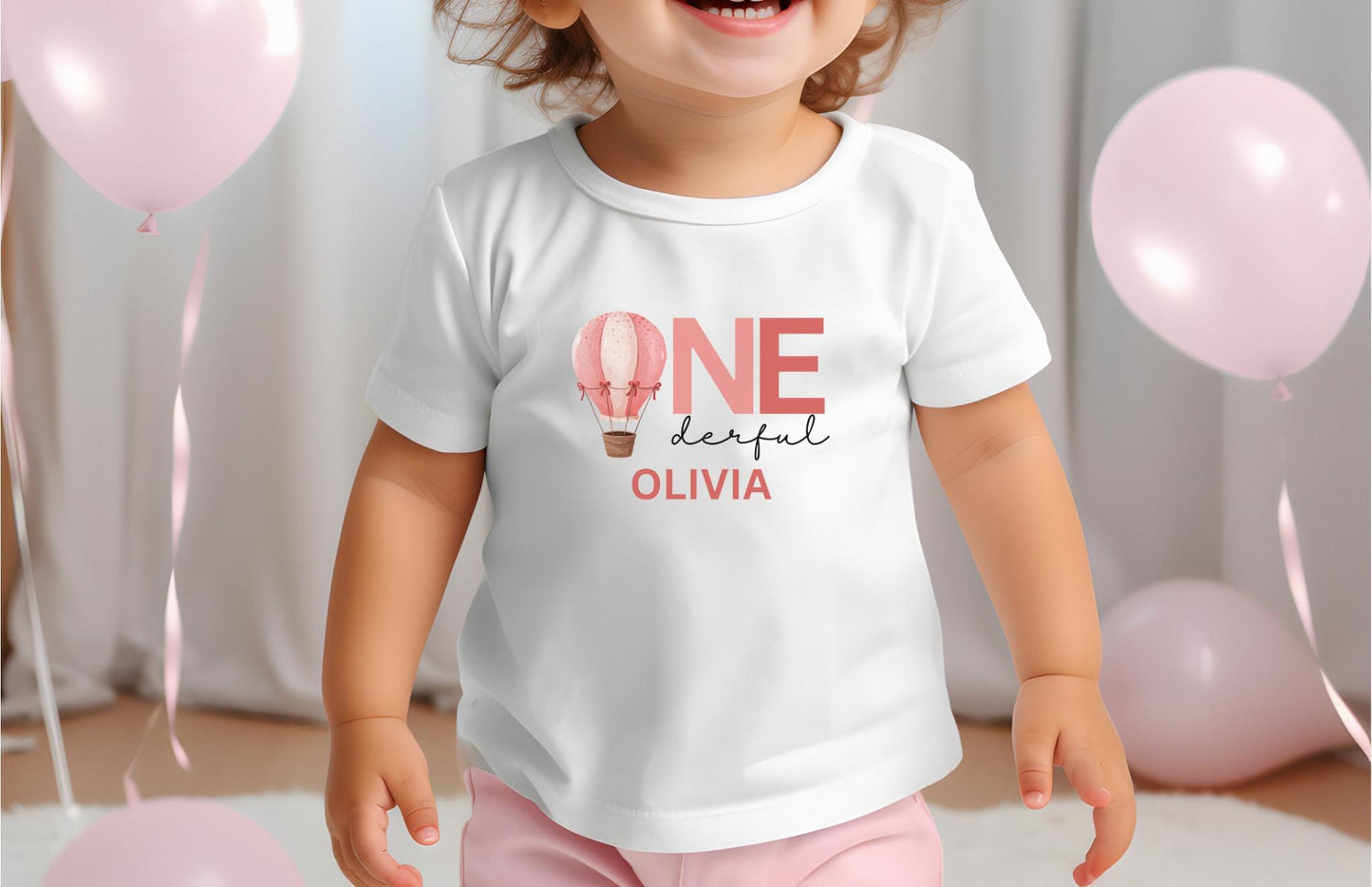 Personalized Pink Hot Air Balloon First Birthday Family Shirt | Custom 1st Birthday Outfit | Birthday Girl Tee