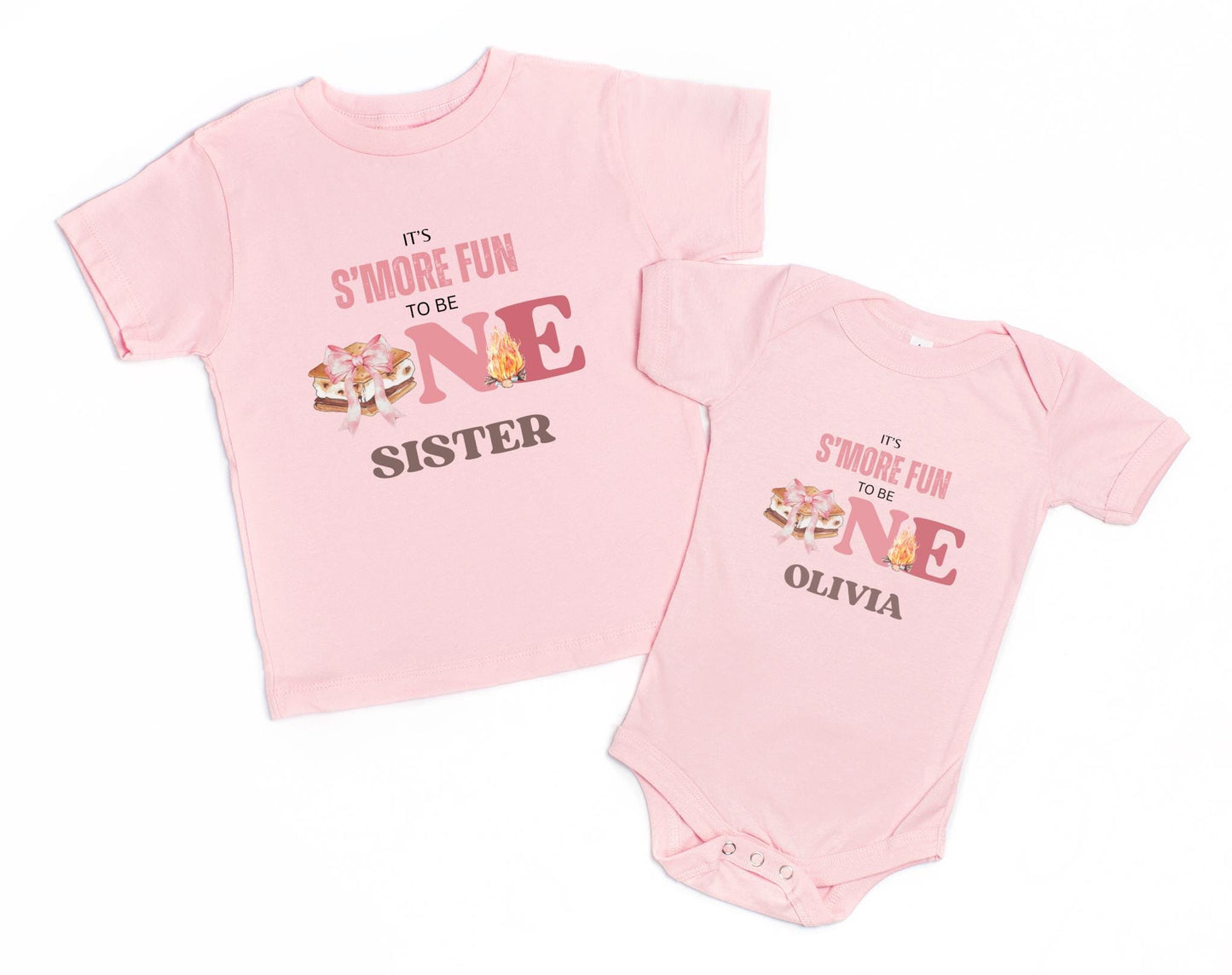 Personalized Pink S'more Fun To Be One Shirt | S'more Camping Girl's 1st Birthday Outift | Custom Smores Matching Family Birthday Tee