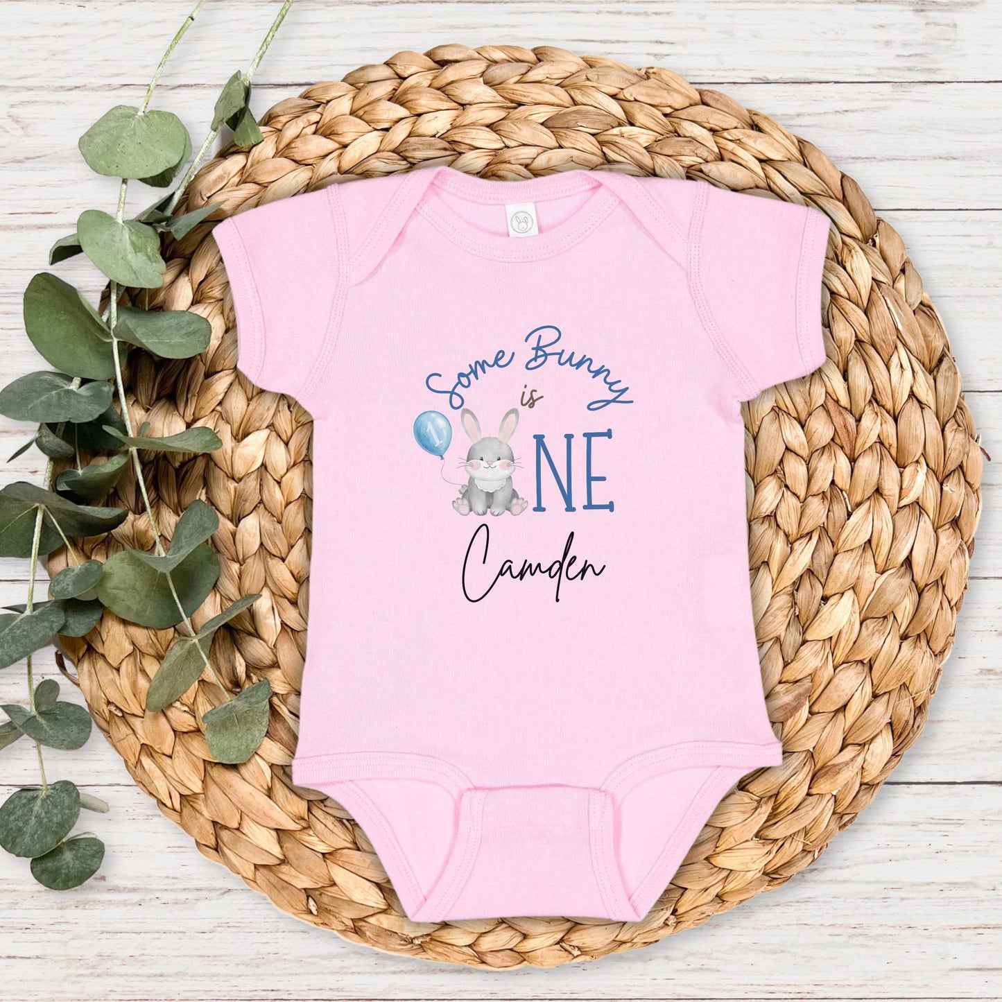 Personalized Some Bunny is One First Birthday Shirt | Custom Boy 1st Birthday Tee | Blue Rabbit Themed One Birthday Outfit
