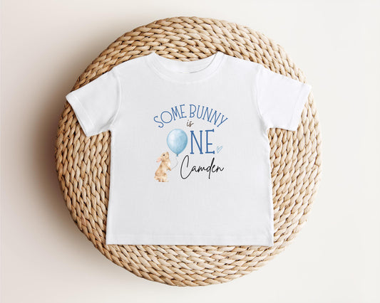 Personalized Some Bunny is One First Birthday Shirt | Custom Boy 1st Birthday Tee | Blue Rabbit Themed One Birthday Outfit