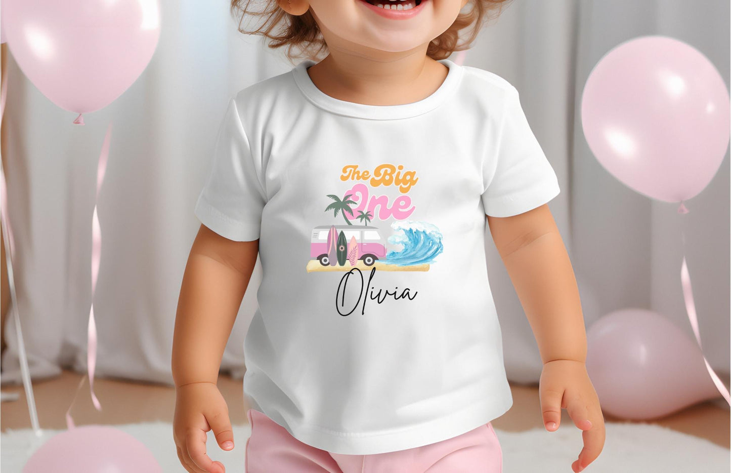 Personalized The Big One First Birthday Shirt | Surf 1st Birthday Outfit | Retro Girl Van Surfboard Beach Party | Ocean Wave Surfer Tee