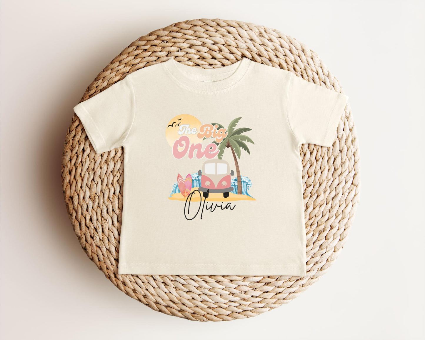 Personalized The Big One First Birthday Shirt | Surf 1st Birthday Outfit | Retro Girl Van Surfboard Beach Party | Ocean Wave Surfer Tee