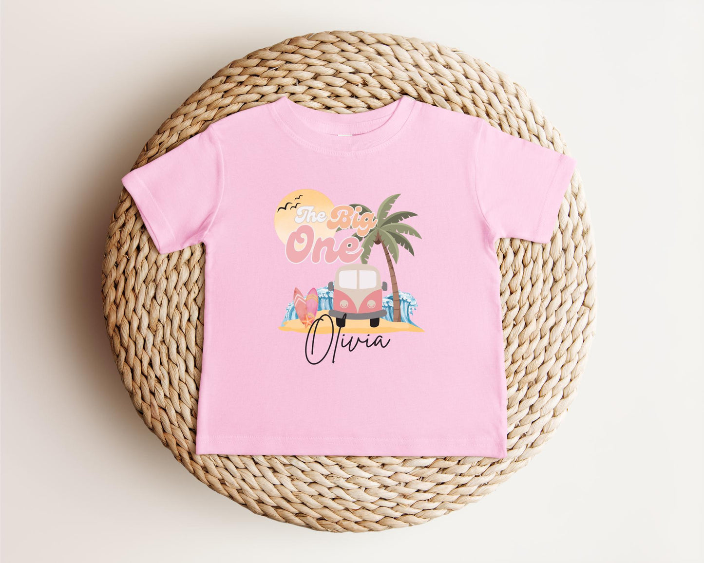Personalized The Big One First Birthday Shirt | Surf 1st Birthday Outfit | Retro Girl Van Surfboard Beach Party | Ocean Wave Surfer Tee
