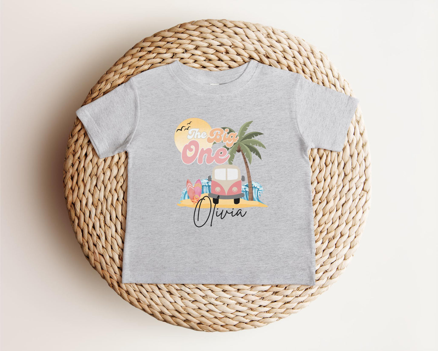 Personalized The Big One First Birthday Shirt | Surf 1st Birthday Outfit | Retro Girl Van Surfboard Beach Party | Ocean Wave Surfer Tee