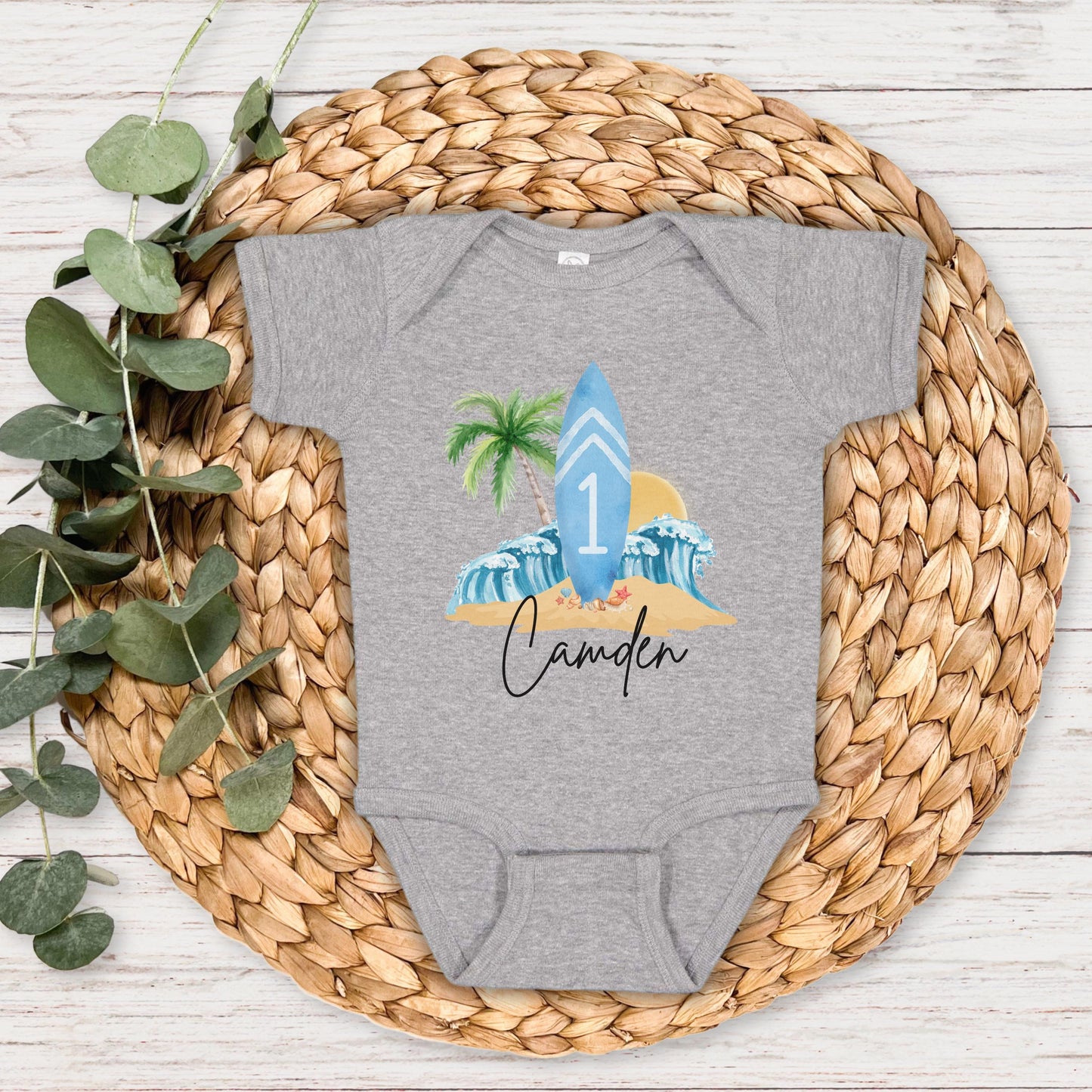 Personalized Beach Surfboard First Birthday Shirt | The Big One Boy Surfing 1st Birthday Outfit