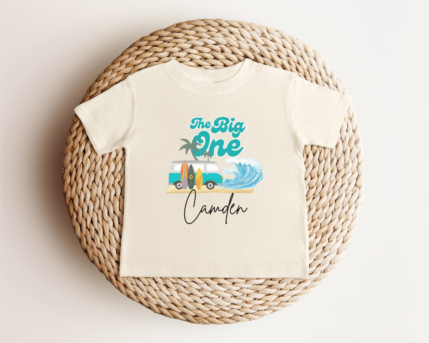 Personalized The Big One First Birthday Shirt | Surf 1st Birthday Outfit | Retro Boy Van Surfboard Beach Party | Ocean Wave Surfer Tee