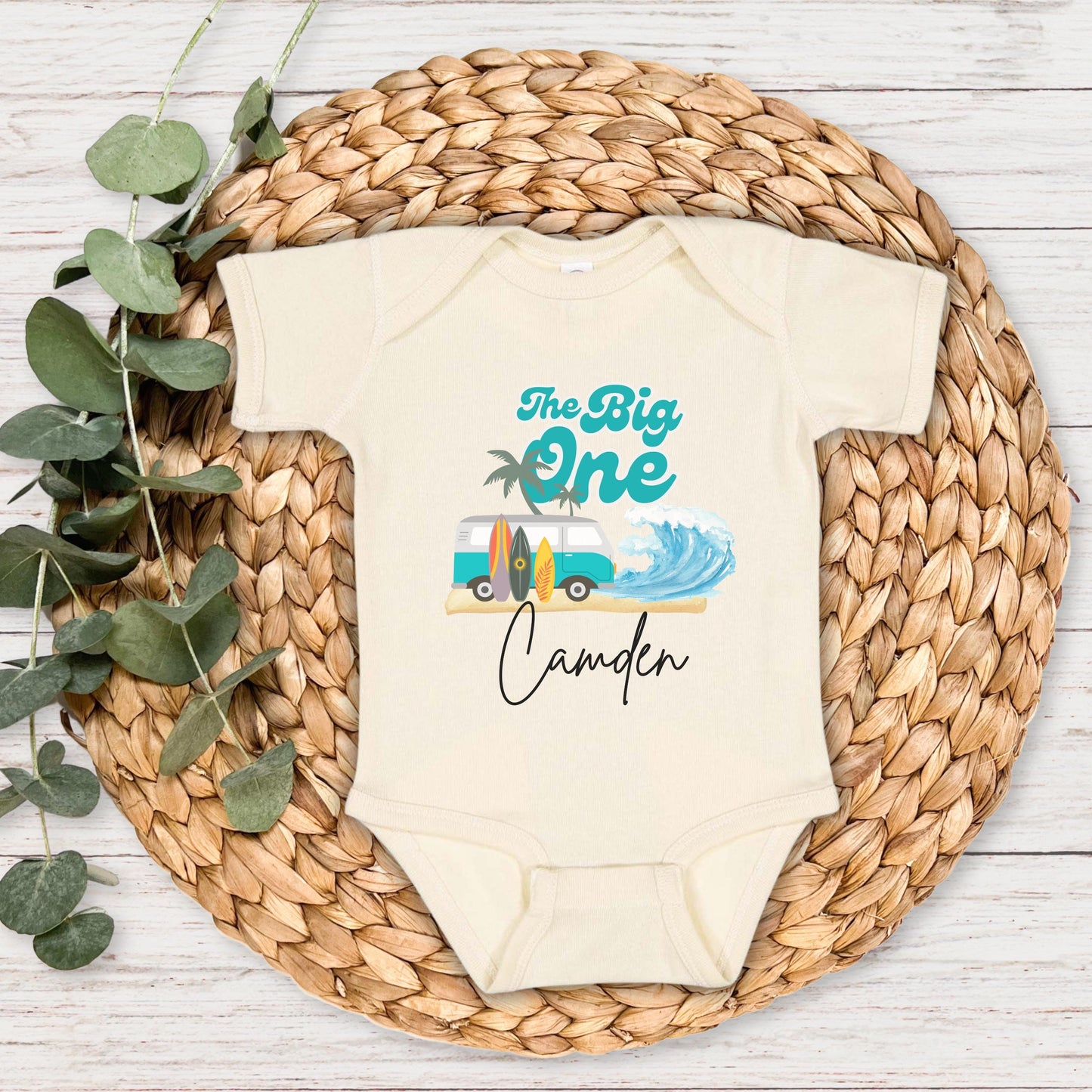 Personalized The Big One First Birthday Shirt | Surf 1st Birthday Outfit | Retro Boy Van Surfboard Beach Party | Ocean Wave Surfer Tee