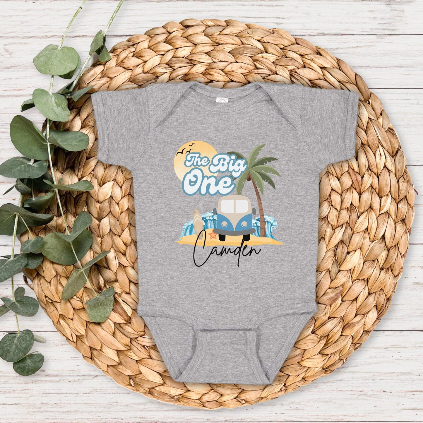 Personalized The Big One First Birthday Shirt | Surf 1st Birthday Outfit | Retro Boy Van Surfboard Beach Party | Ocean Wave Surfer Tee