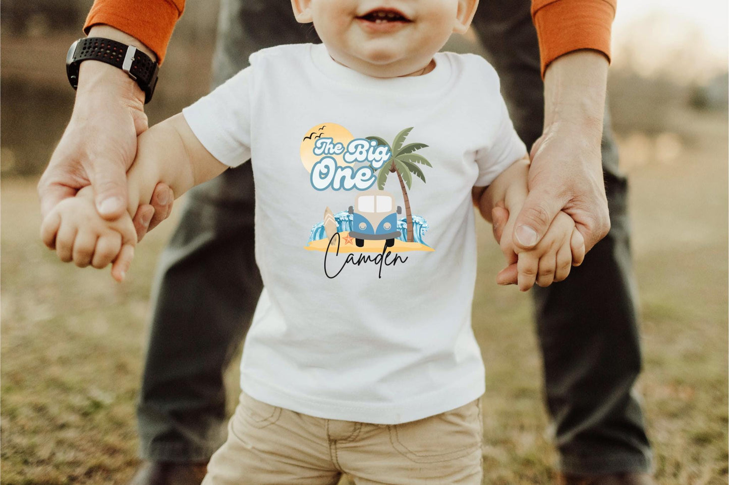 Personalized The Big One First Birthday Shirt | Surf 1st Birthday Outfit | Retro Boy Van Surfboard Beach Party | Ocean Wave Surfer Tee