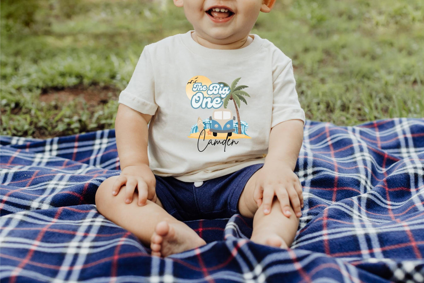 Personalized The Big One First Birthday Shirt | Surf 1st Birthday Outfit | Retro Boy Van Surfboard Beach Party | Ocean Wave Surfer Tee