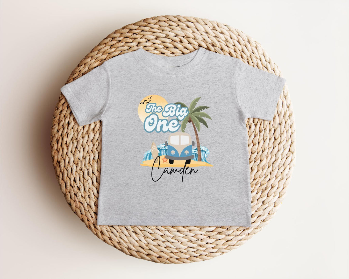 Personalized The Big One First Birthday Shirt | Surf 1st Birthday Outfit | Retro Boy Van Surfboard Beach Party | Ocean Wave Surfer Tee