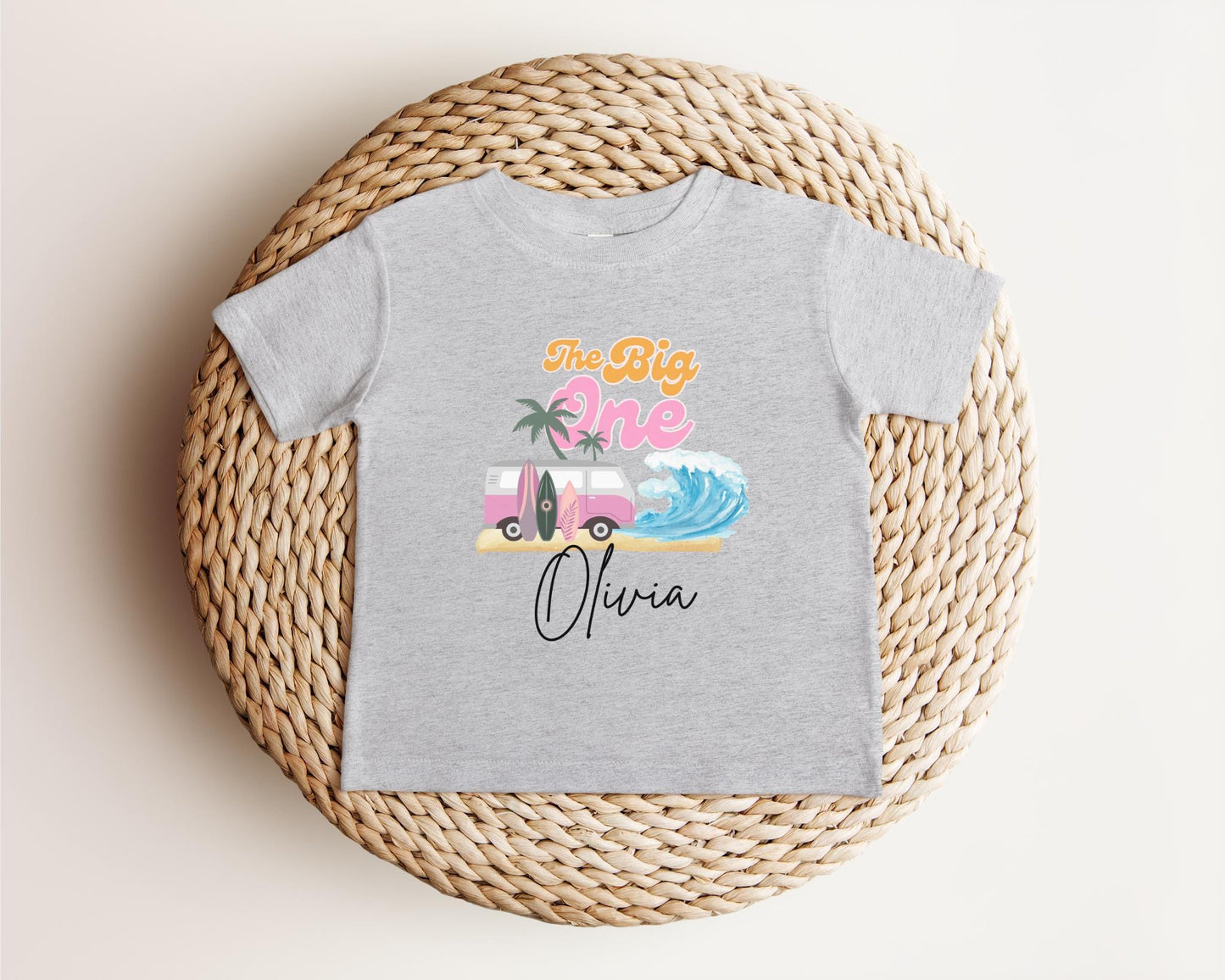 Personalized The Big One First Birthday Shirt | Surf 1st Birthday Outfit | Retro Girl Van Surfboard Beach Party | Ocean Wave Surfer Tee