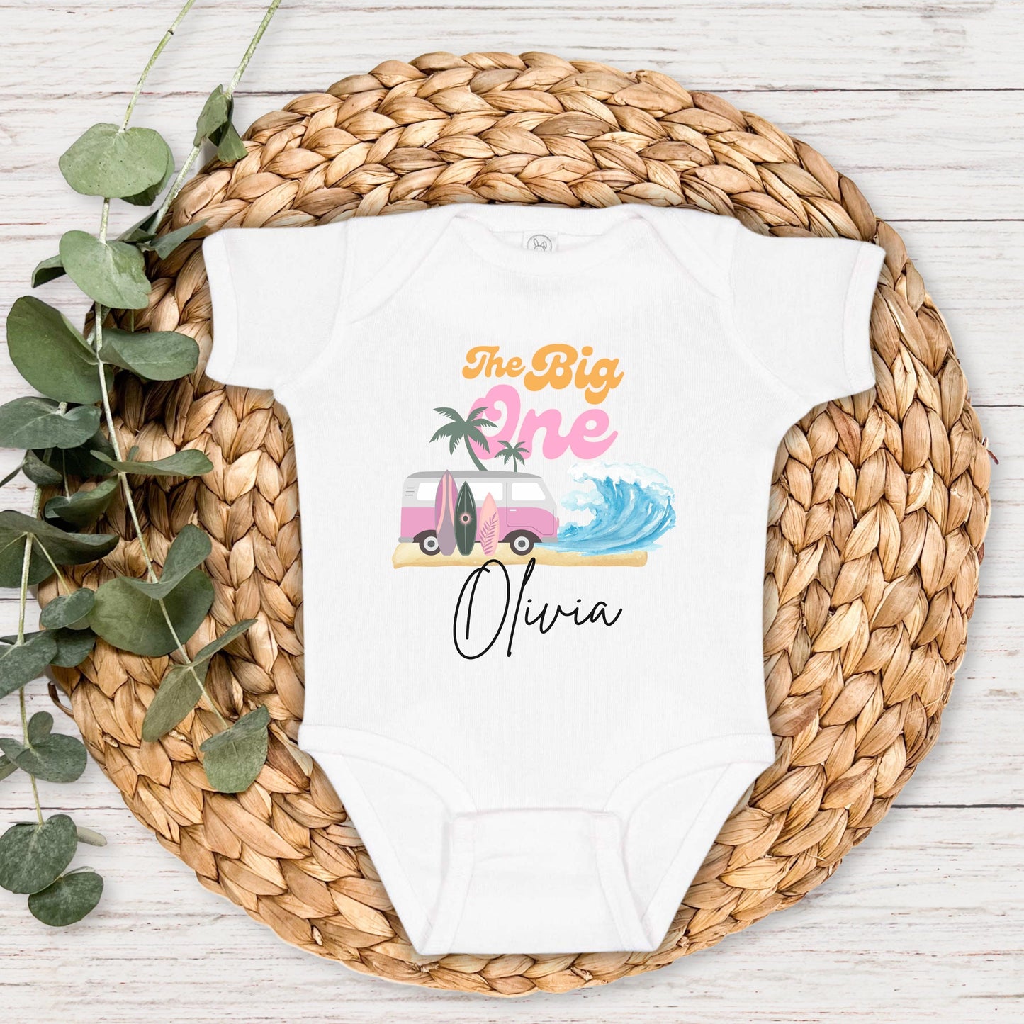 Personalized The Big One First Birthday Shirt | Surf 1st Birthday Outfit | Retro Girl Van Surfboard Beach Party | Ocean Wave Surfer Tee